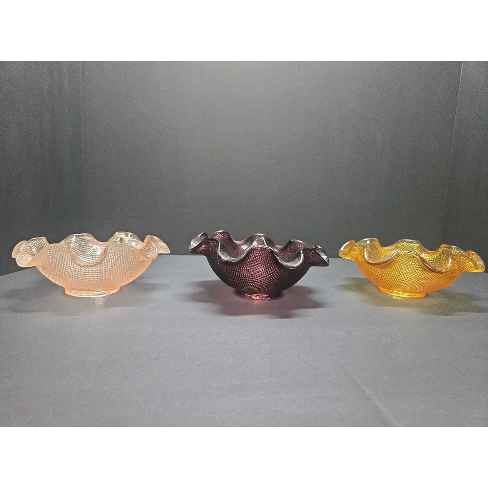 Vintage Colony Waffle Glass Nesting Bowls Set of 3 Pink Amber Purple Ruffled